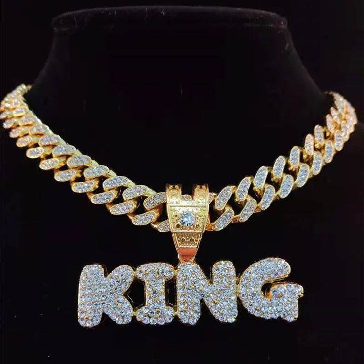 Men Women Hip Hop KING QUEEN Letter Pendant Necklace - pluto essentials