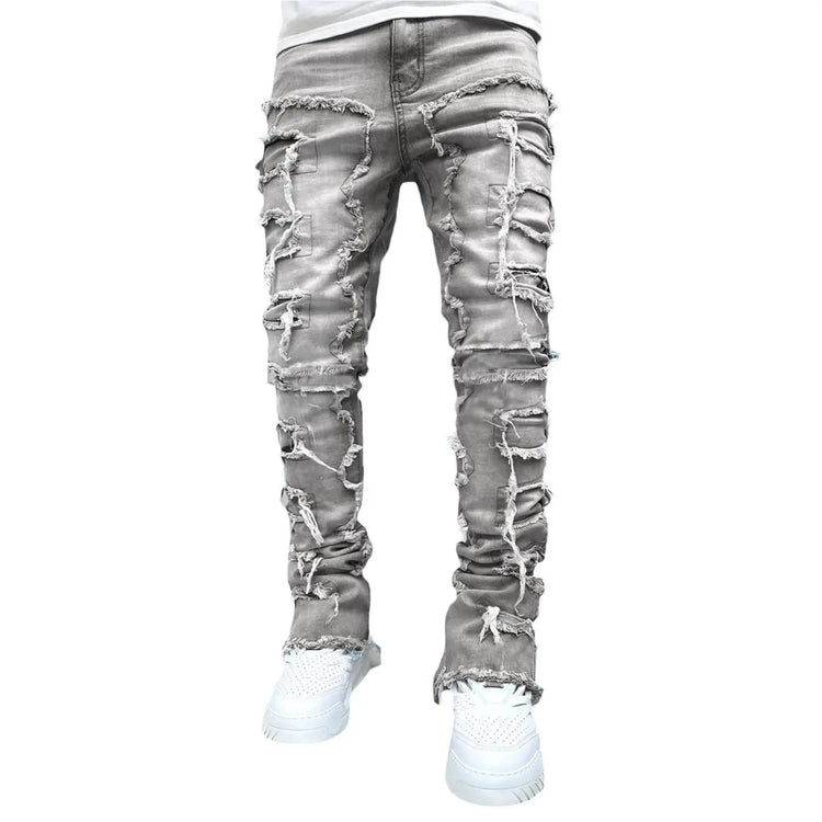 Men Trousers Individual Patched Pants Long Tight Fit Stacked Jeans For Mens Clothing - pluto essentials