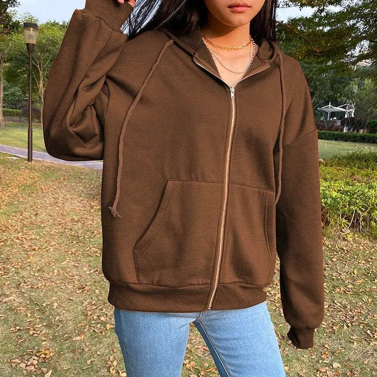 Brown Y2K Aesthetic Hoodies Women Zip Up Sweatshirt Hooded - pluto essentials