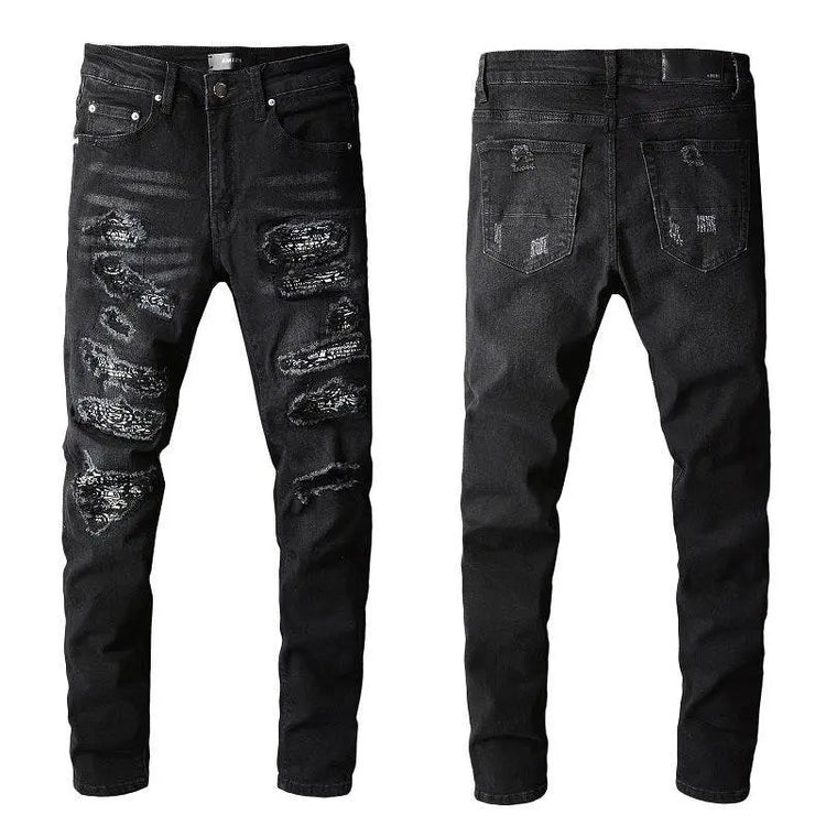 custom Black Skinny Jeans with Worn Patches - pluto essentials
