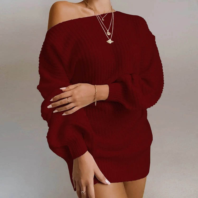 OrangeA Women Off Shoulder Knitted Sweater Dress Autumn Winter Loose Long Sleeve Solid Ladies Tunic Elegant Streetwear Dresses - pluto essentials