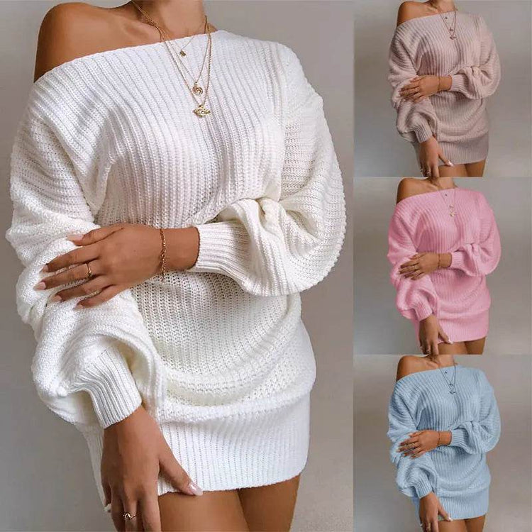 OrangeA Women Off Shoulder Knitted Sweater Dress Autumn Winter Loose Long Sleeve Solid Ladies Tunic Elegant Streetwear Dresses - pluto essentials