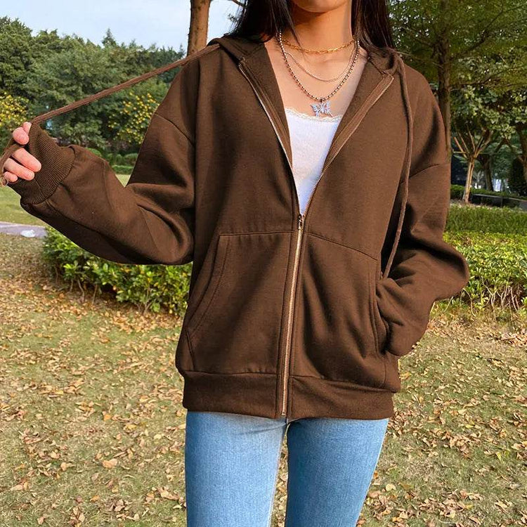 Brown Y2K Aesthetic Hoodies Women Zip Up Sweatshirt Hooded - pluto essentials