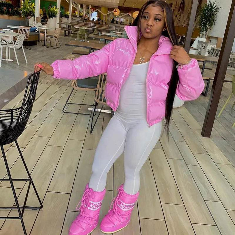 Sisterlinda Faux PU Leather Y2K Bubble Puffer Winter Warm Jacket Women Coats Long Sleeve Outerwear Zipper Casual Slim Parkas - pluto essentials