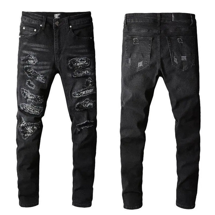custom Black Skinny Jeans with Worn Patches - pluto essentials