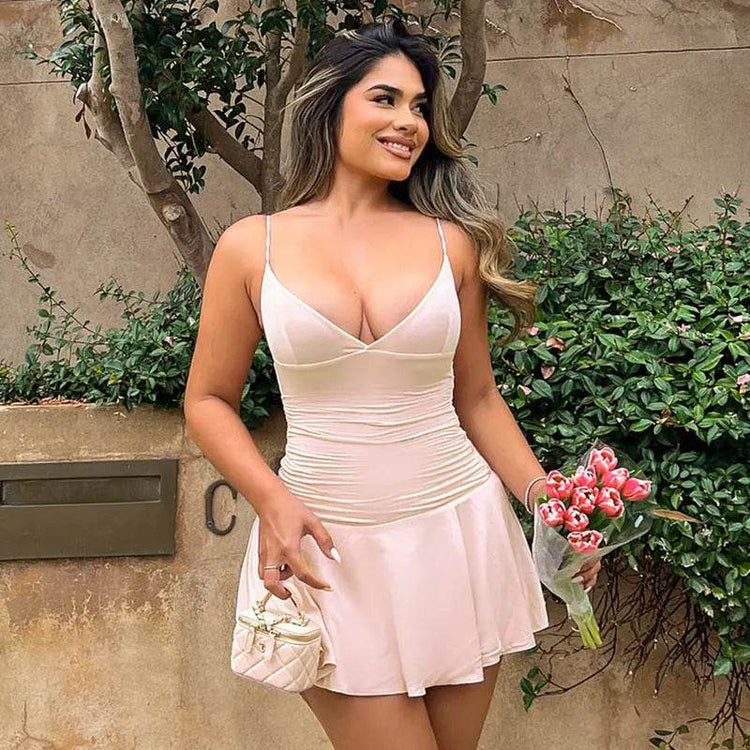 Sexy V-neck Suspender Dress Y2K Fashion Slim Ruffled Short Dresses For Women Clithing - pluto essentials