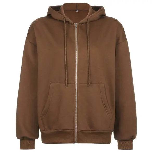 Brown Y2K Aesthetic Hoodies Women Zip Up Sweatshirt Hooded - pluto essentials