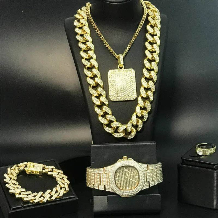 Hiphop hiphop full diamond cuban necklace men set - pluto essentials