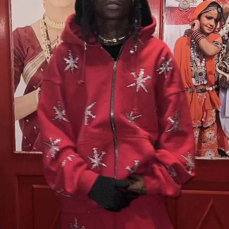 Rhinestone Gothic Streetwear Green Zipup Hoodie - pluto essentials