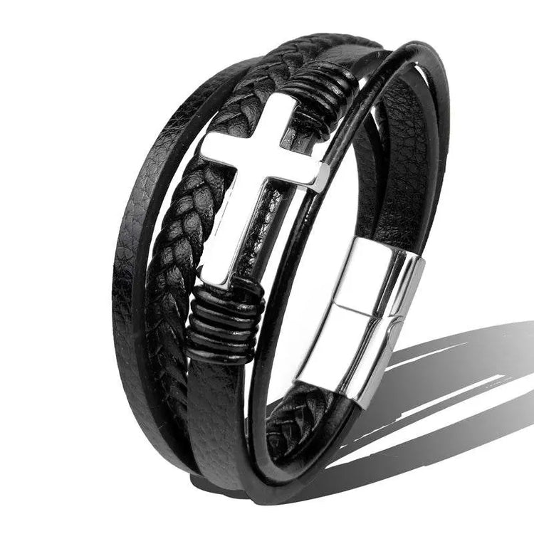 Stainless Steel Leather Cross Brown Black Bracelet Men Hiphop Jewelry - pluto essentials