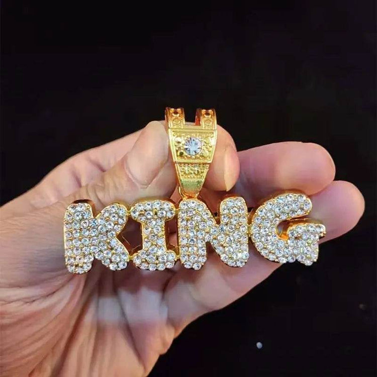 Men Women Hip Hop KING QUEEN Letter Pendant Necklace - pluto essentials