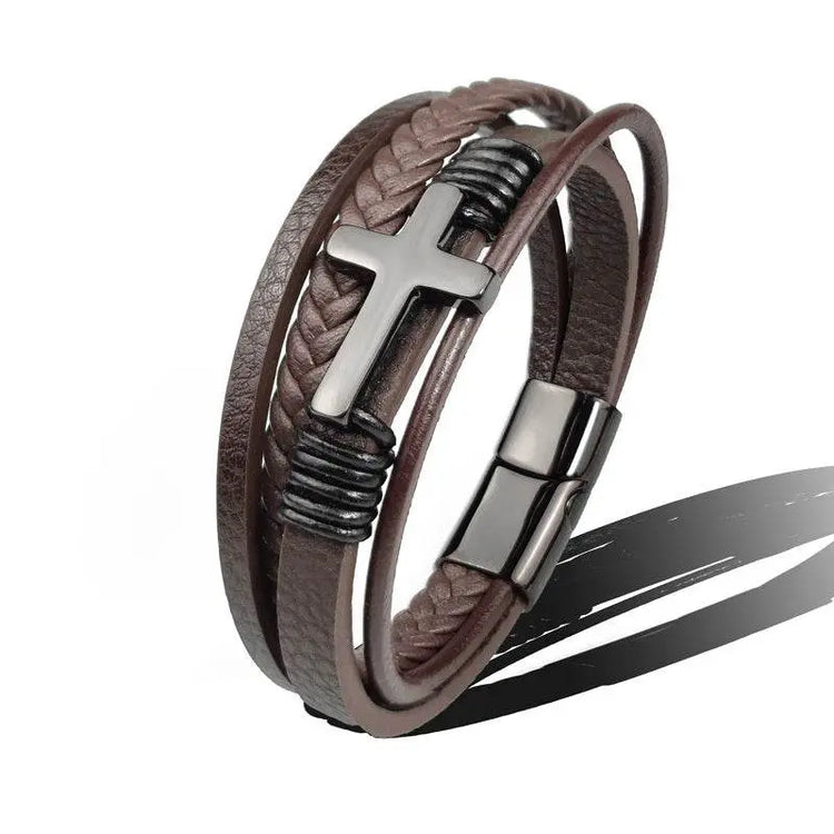 Stainless Steel Leather Cross Brown Black Bracelet Men Hiphop Jewelry - pluto essentials