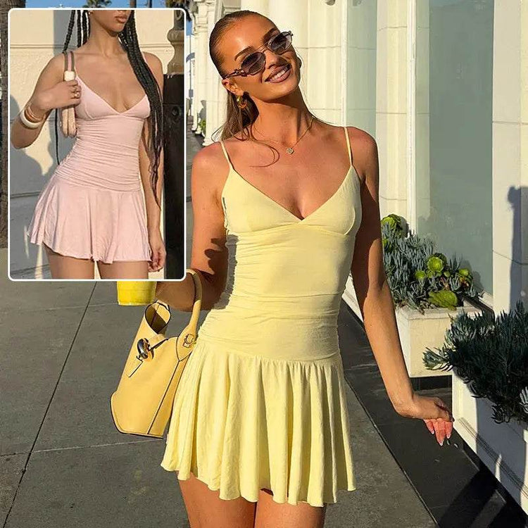 Sexy V-neck Suspender Dress Y2K Fashion Slim Ruffled Short Dresses For Women Clithing - pluto essentials