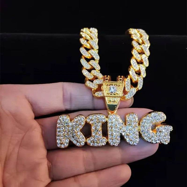 Men Women Hip Hop KING QUEEN Letter Pendant Necklace - pluto essentials