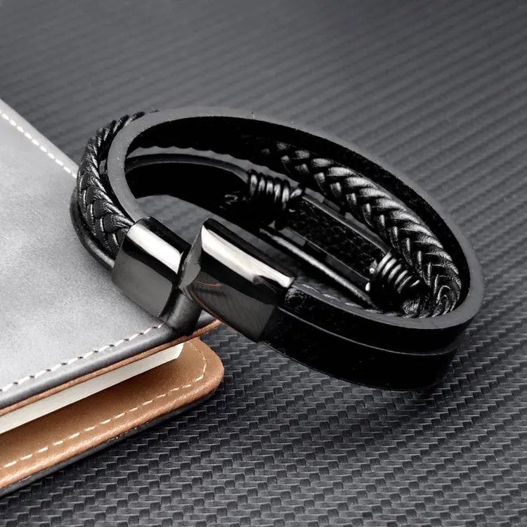 Stainless Steel Leather Cross Brown Black Bracelet Men Hiphop Jewelry - pluto essentials 