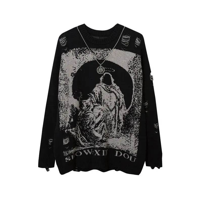 Street Hip-hop Ripped Hole Oversized Pullover Sweater - pluto essentials 