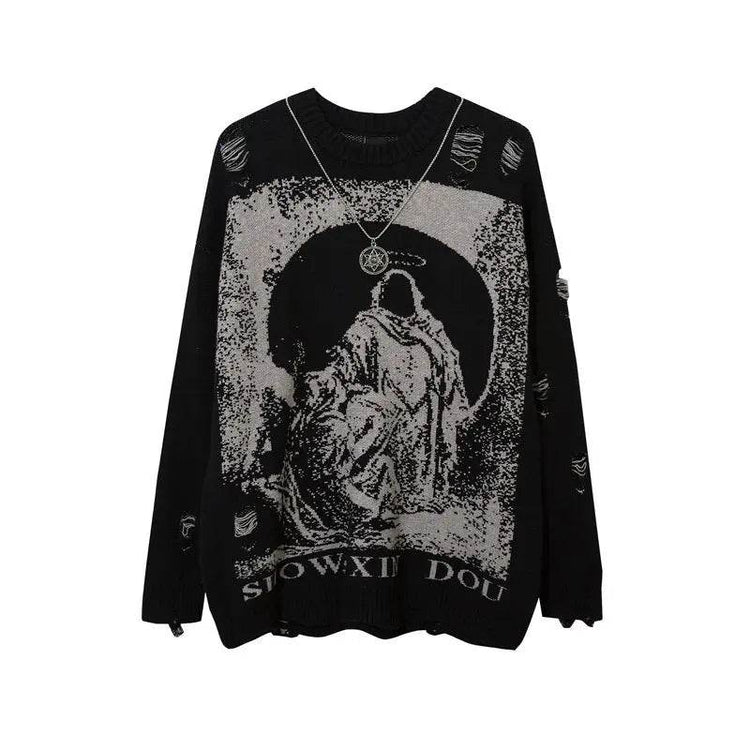 Street Hip-hop Ripped Hole Oversized Pullover Sweater - pluto essentials 