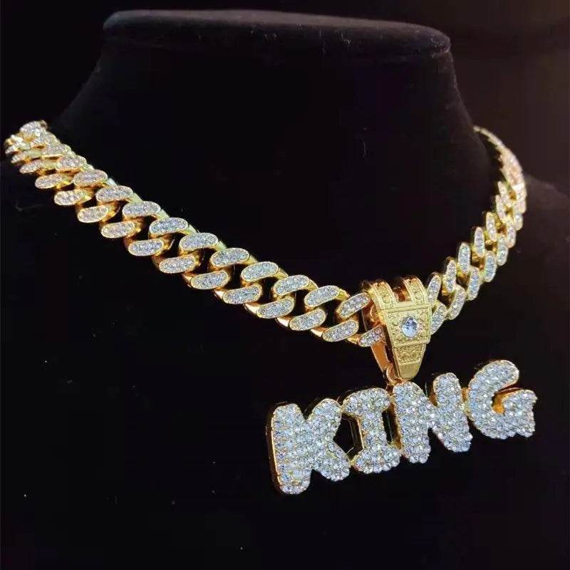 Men Women Hip Hop KING QUEEN Letter Pendant Necklace - pluto essentials 