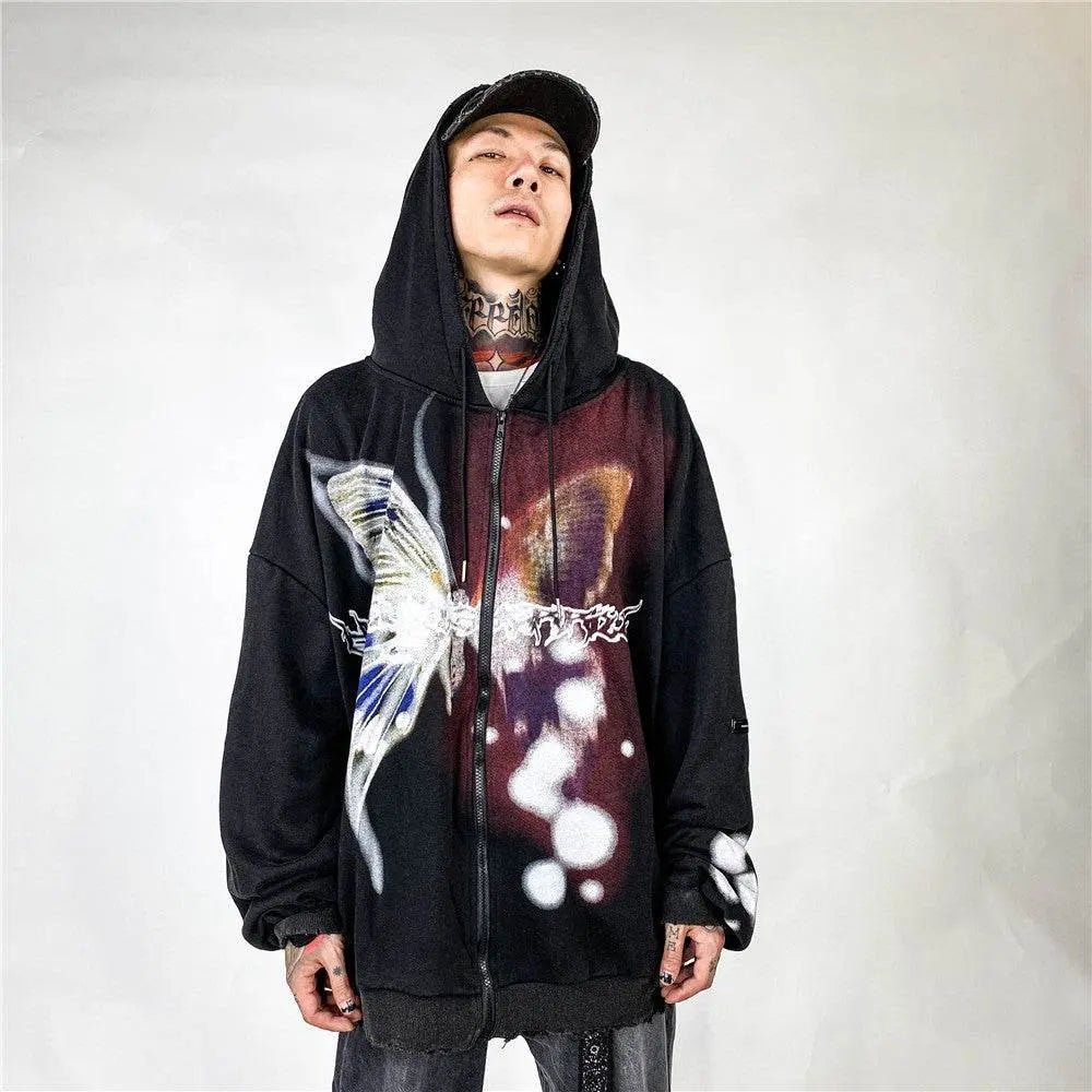 Butterfly Print Cardigan Loose Sweater Men - pluto essentials 