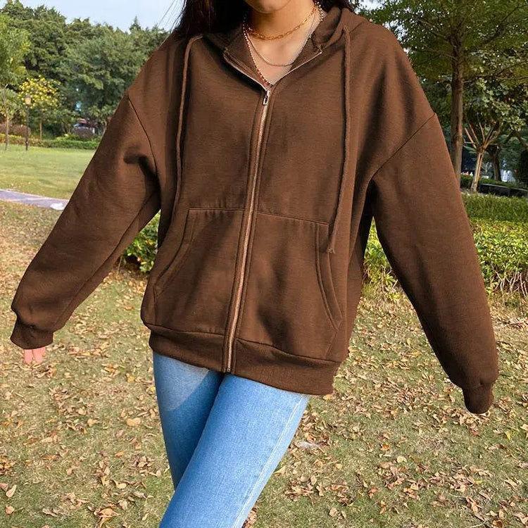 Brown Y2K Aesthetic Hoodies Women Zip Up Sweatshirt Hooded - pluto essentials 