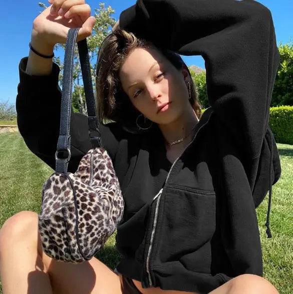 Brown Y2K Aesthetic Hoodies Women Zip Up Sweatshirt Hooded - pluto essentials 