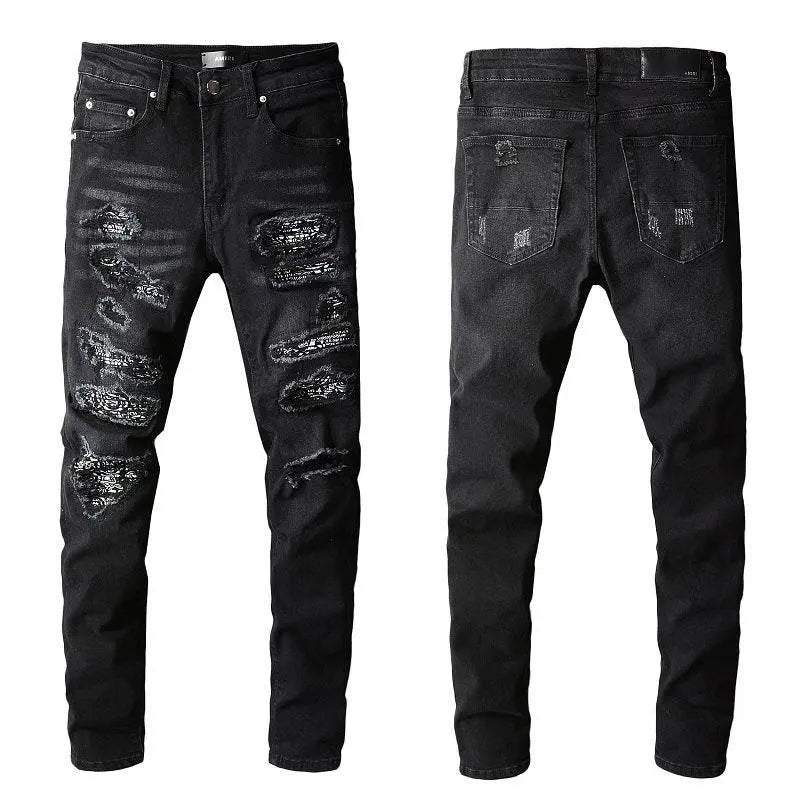 custom Black Skinny Jeans with Worn Patches - pluto essentials 