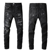 custom Black Skinny Jeans with Worn Patches - pluto essentials 