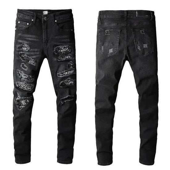 custom Black Skinny Jeans with Worn Patches - pluto essentials 