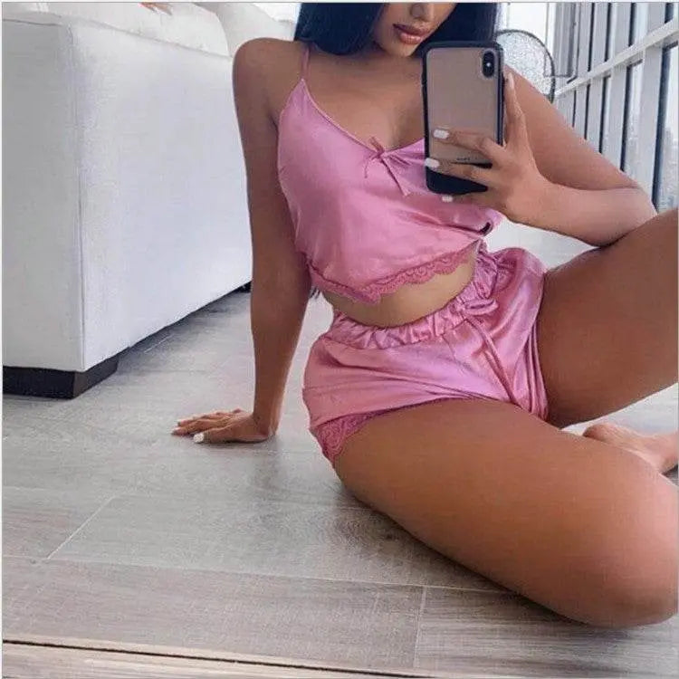 High Stretch Satin Home Pajamas 2-piece Set - pluto essentials 