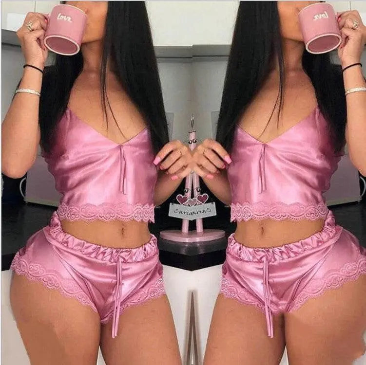 High Stretch Satin Home Pajamas 2-piece Set - pluto essentials 