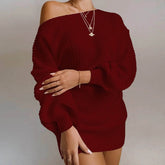 OrangeA Women Off Shoulder Knitted Sweater Dress Autumn Winter Loose Long Sleeve Solid Ladies Tunic Elegant Streetwear Dresses - pluto essentials 