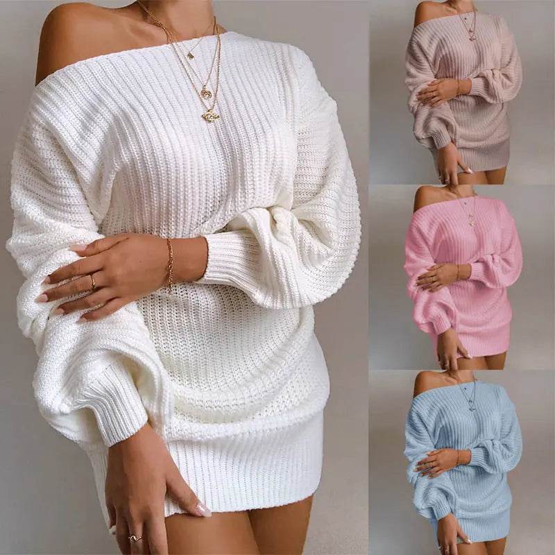 OrangeA Women Off Shoulder Knitted Sweater Dress Autumn Winter Loose Long Sleeve Solid Ladies Tunic Elegant Streetwear Dresses - pluto essentials 