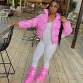 Sisterlinda Faux PU Leather Y2K Bubble Puffer Winter Warm Jacket Women Coats Long Sleeve Outerwear Zipper Casual Slim Parkas - pluto essentials 