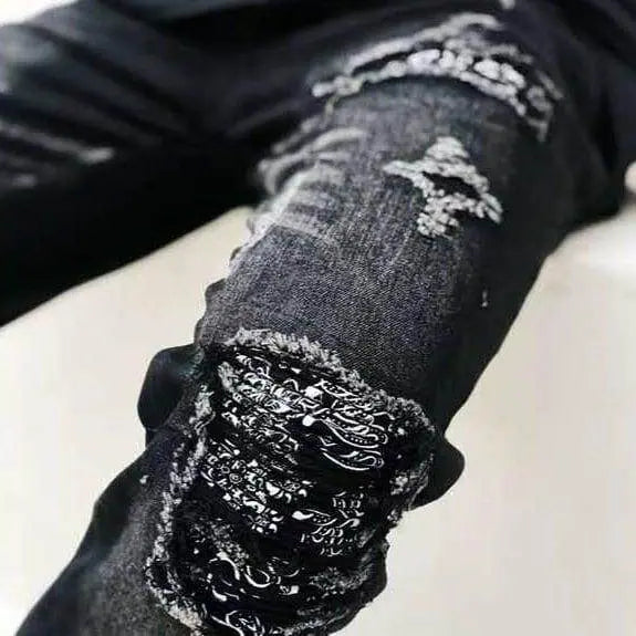 custom Black Skinny Jeans with Worn Patches - pluto essentials 