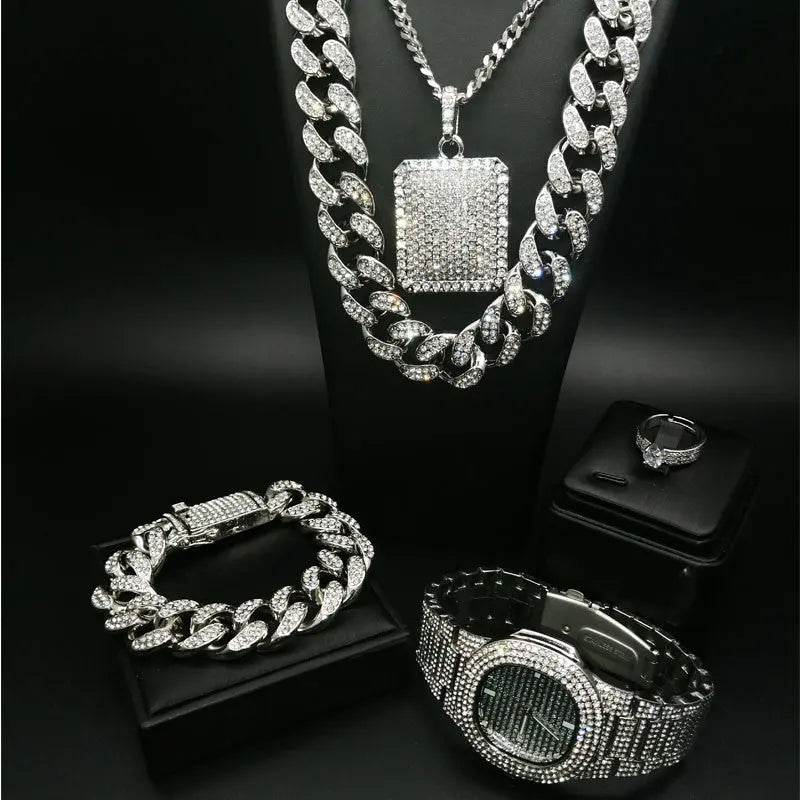 Hiphop hiphop full diamond cuban necklace men set - pluto essentials 