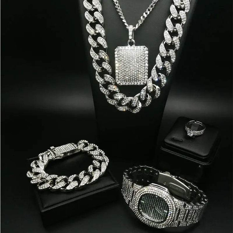 Hiphop hiphop full diamond cuban necklace men set - pluto essentials 