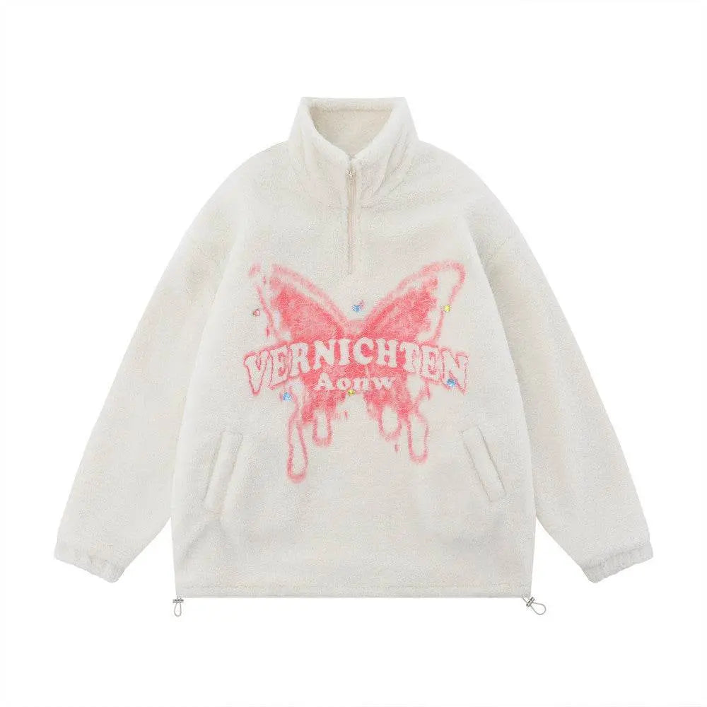 Butterfly Print Lamb Wool Sweatshirt Men - pluto essentials 