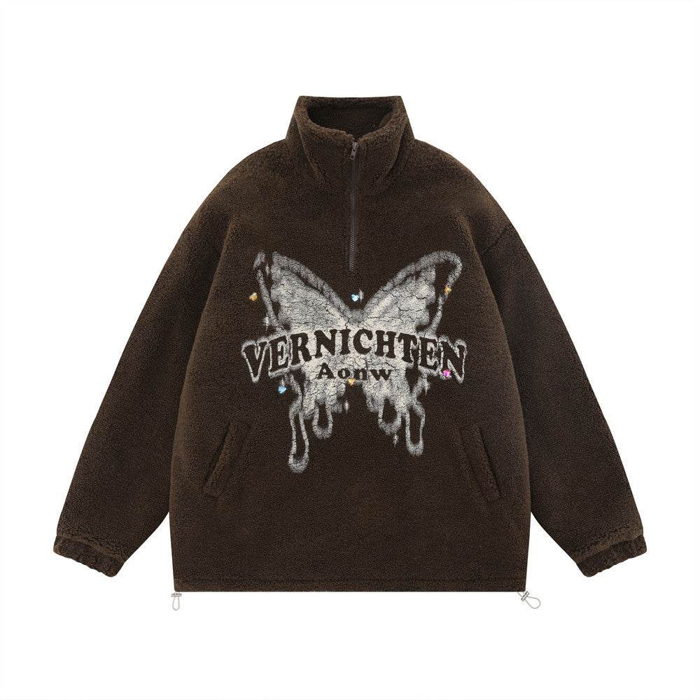Butterfly Print Lamb Wool Sweatshirt Men - pluto essentials 