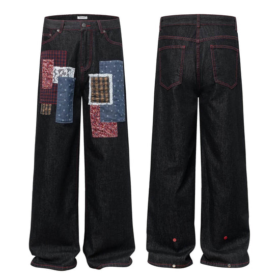 American Street Fashion High Street Personality Stitching Loose All-match Denim Trousers - pluto essentials 