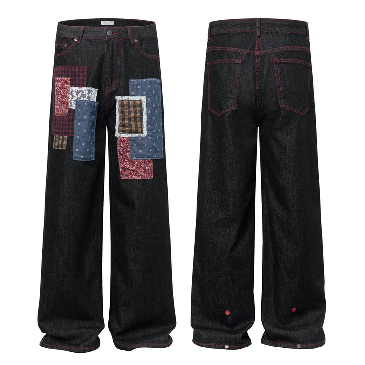 American Street Fashion High Street Personality Stitching Loose All-match Denim Trousers - pluto essentials 