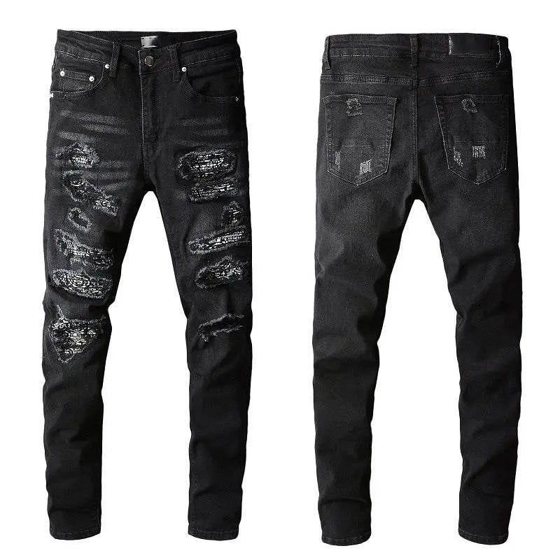 custom Black Skinny Jeans with Worn Patches - pluto essentials 