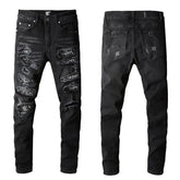 custom Black Skinny Jeans with Worn Patches - pluto essentials 