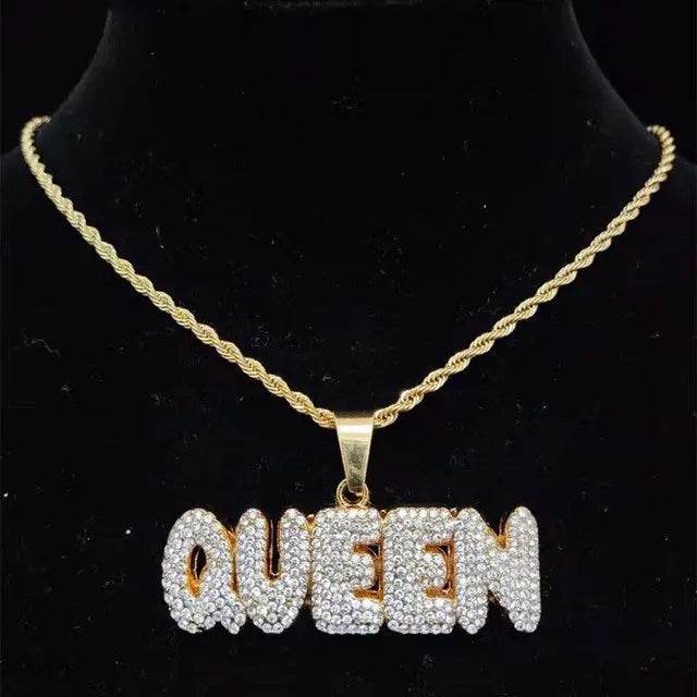 Men Women Hip Hop KING QUEEN Letter Pendant Necklace - pluto essentials 