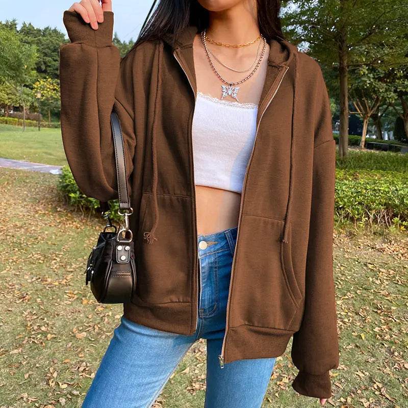 Brown Y2K Aesthetic Hoodies Women Zip Up Sweatshirt Hooded - pluto essentials 