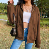 Brown Y2K Aesthetic Hoodies Women Zip Up Sweatshirt Hooded - pluto essentials 