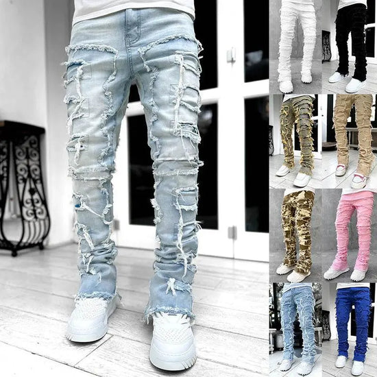 Men Trousers Individual Patched Pants Long Tight Fit Stacked Jeans For Mens Clothing - pluto essentials 