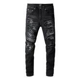 custom Black Skinny Jeans with Worn Patches - pluto essentials 