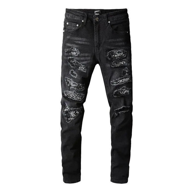 custom Black Skinny Jeans with Worn Patches - pluto essentials 