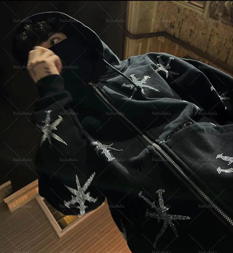 Rhinestone Gothic Streetwear Green Zipup Hoodie - pluto essentials 