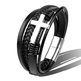 Stainless Steel Leather Cross Brown Black Bracelet Men Hiphop Jewelry - pluto essentials 